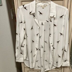 Jane and Delancey White Long Sleeve Blouse Adorned With Giraffes Size S